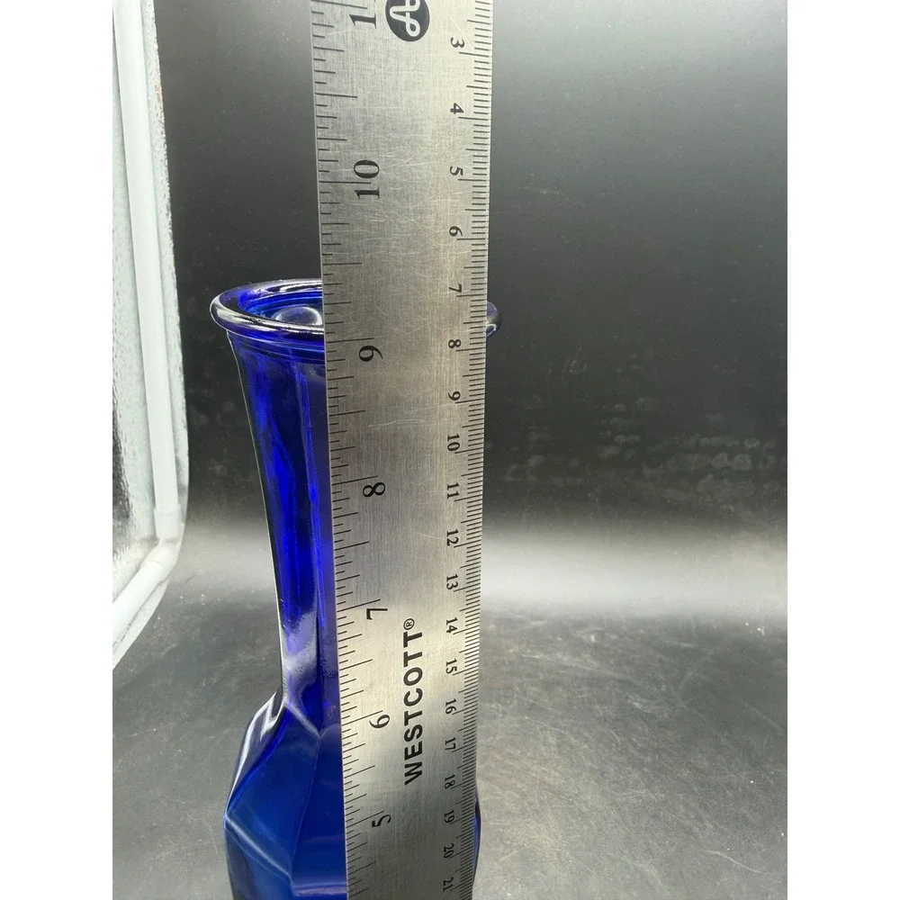 Vintage Cobalt Blue Glass Bud Vase Octagonal Paneled 8.5 Inch Decorative Flower